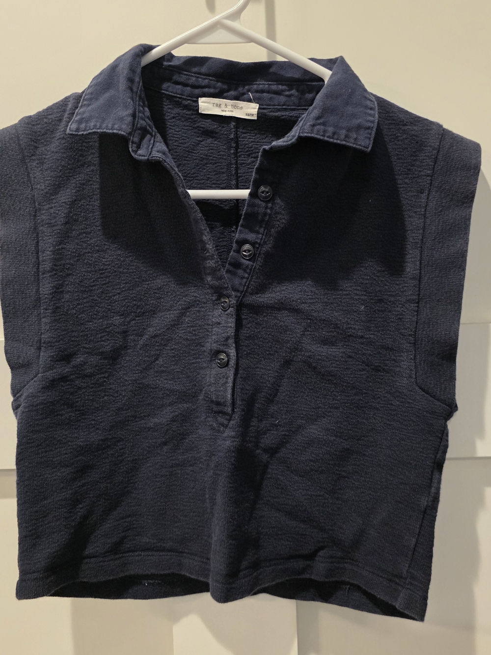 Rag & Bone Mckenna Women's Polo Shirt XS Boxy Cropped Navy Sleeveless